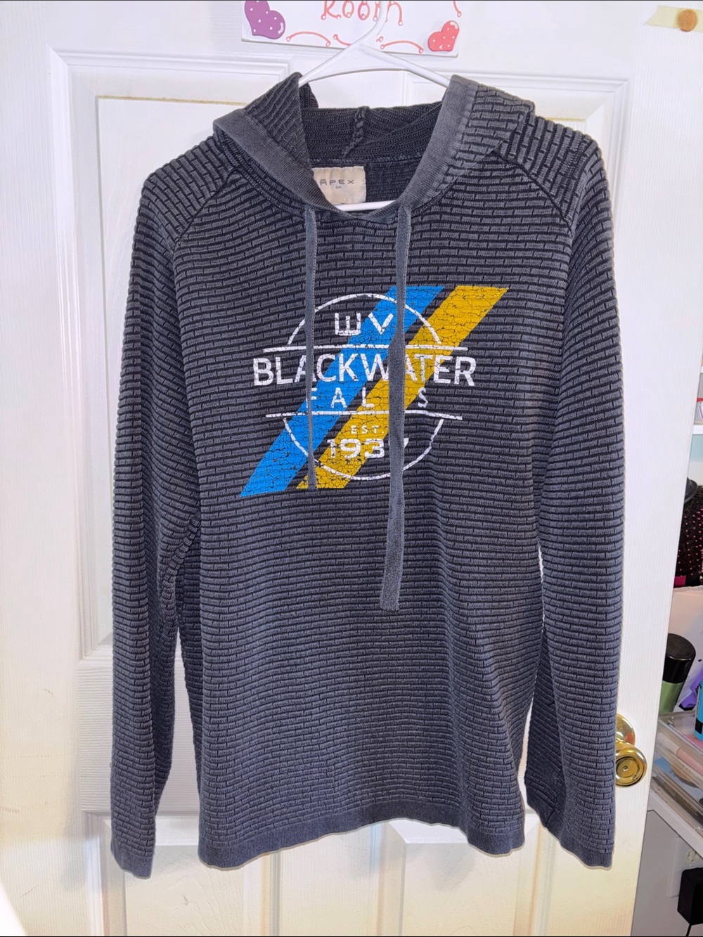 Apex Men's Gray Crewneck Hoodie with Blue and Yellow Graphic